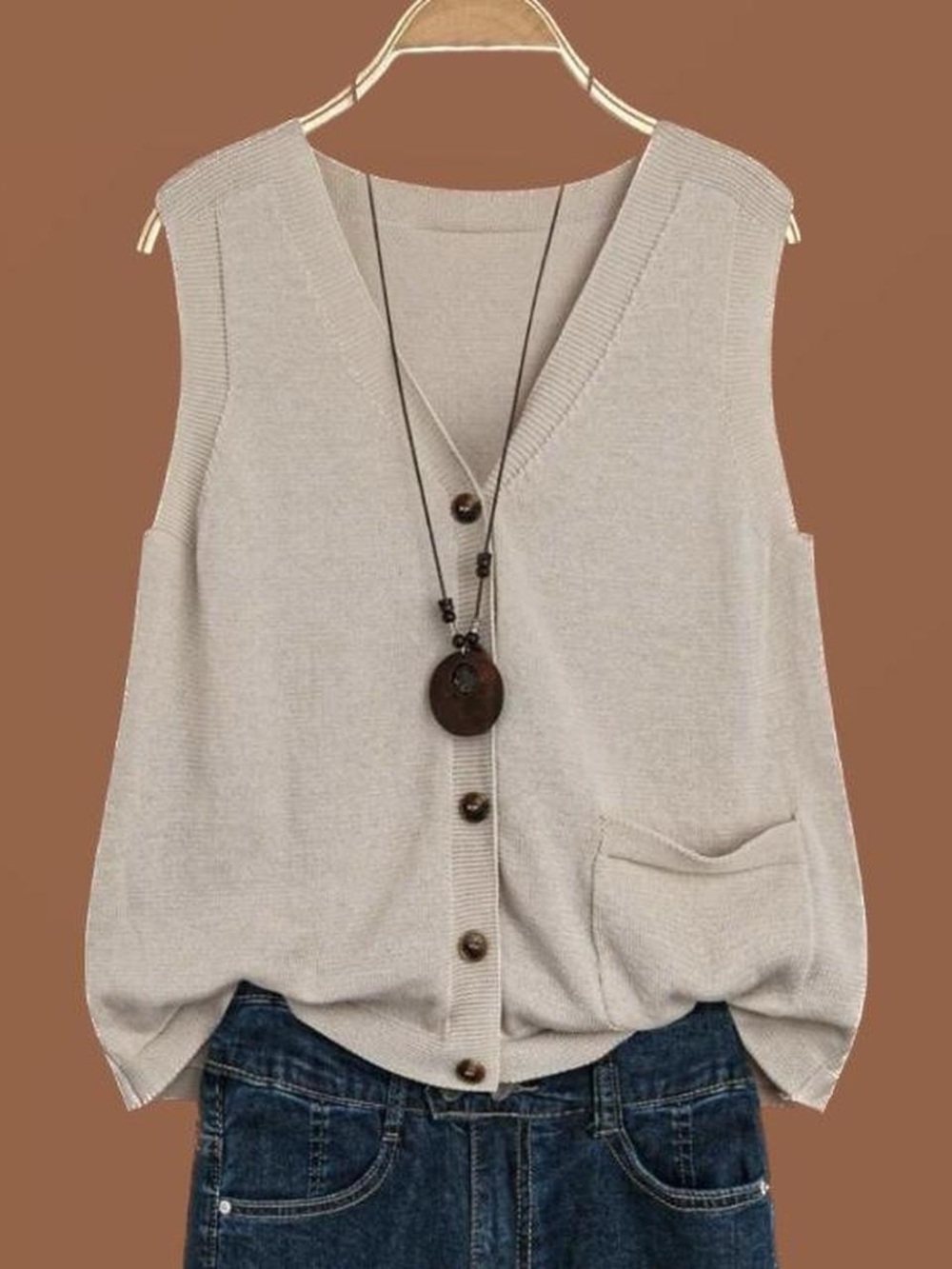 Vintage Sleeveless V-Neck Button Front Vest - Beige